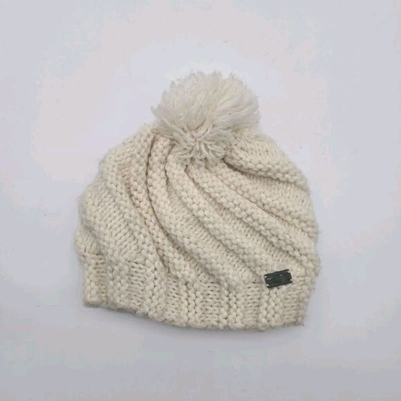 The North Face Beanie Hat Wool Blend Cream Off White Knit Cap Winter Pom - Picture 1 of 10